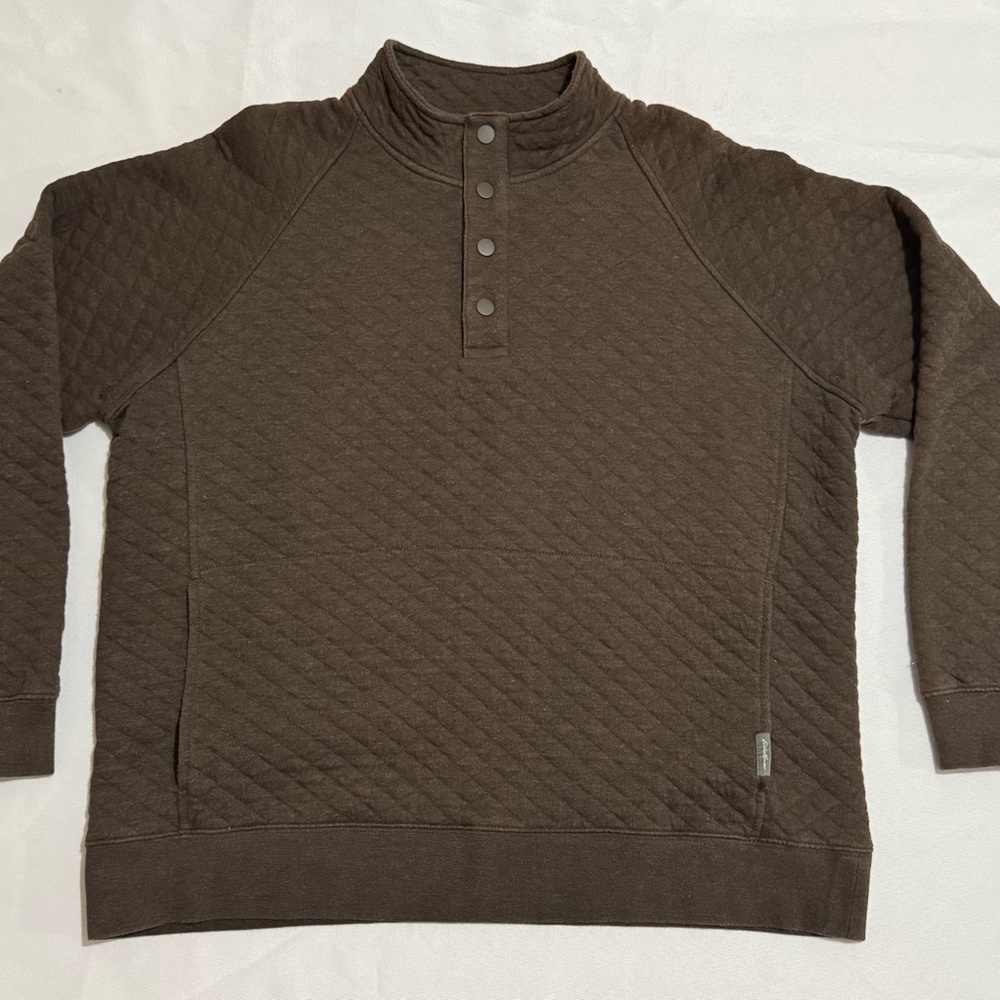 Eddie Bauer Sweater Mens Large Brown Pullover Mock Neck 1/4 Button Quilted